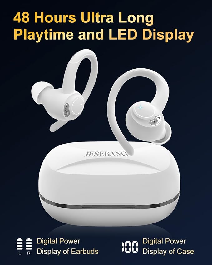 Wireless Earbuds, Bluetooth 5.4 Headphones Sport Over Ear Buds with ENC Mic | Noise Cancelling Mic,48H, Wireless Earphone With Earhooks, Stereo Deep Bass, IP7 Waterproof ear bud for Workout Running,White - Image 5