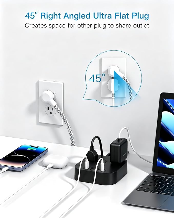One Beat Power Strip with USB C, 3 Outlets 4 USB Ports, 6ft Short Braided Extension Cord, 22.5W Desktop Charging Station, Flat Plug, Non Surge Protector, Cruise Ship Travel Compact, ETL Listed, Black - Image 5