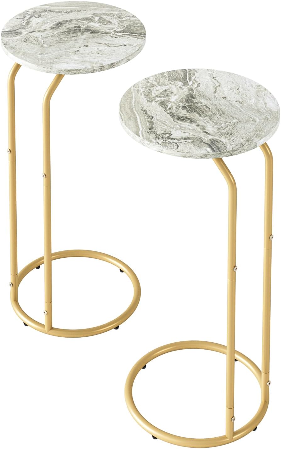 C-Shaped End Table Set of 2, Side Table for Couch, Marble and Gold by AEPOALUA