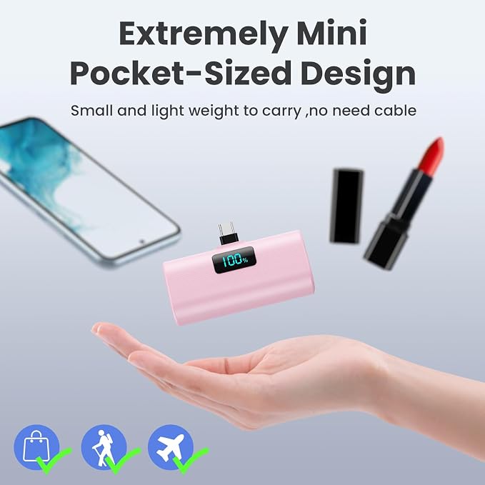 [2-Pack]Portable Charger for iPhone 16/15 Series,5200mAh PD USB C Power Bank Built-in USB-C Connector,Battery Pack Compatible with iPhone 16/16 Plus/16 Pro/16 Pro Max/15 Series,Android (Black+Pink) - Image 7
