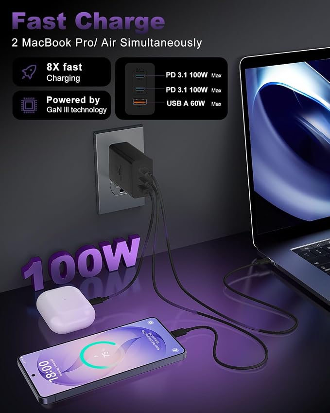 USB C Charger Block 100W, 3-Port GaN Super Fast Phone Charger, Type C 65W Laptop Chargers with 10ft USB C Charging Cable for MacBook Pro/Air,iPad Pro, iPhone 17/16/15Pro, S26 Ultra/S25/S24-Black - Image 3