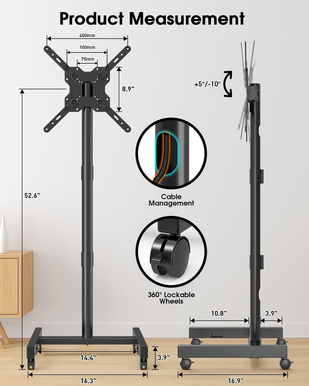 Rolling TV Stand for 13-65 Inch TVs/Screens, Sturdy 50mm Support Pole - Image 5