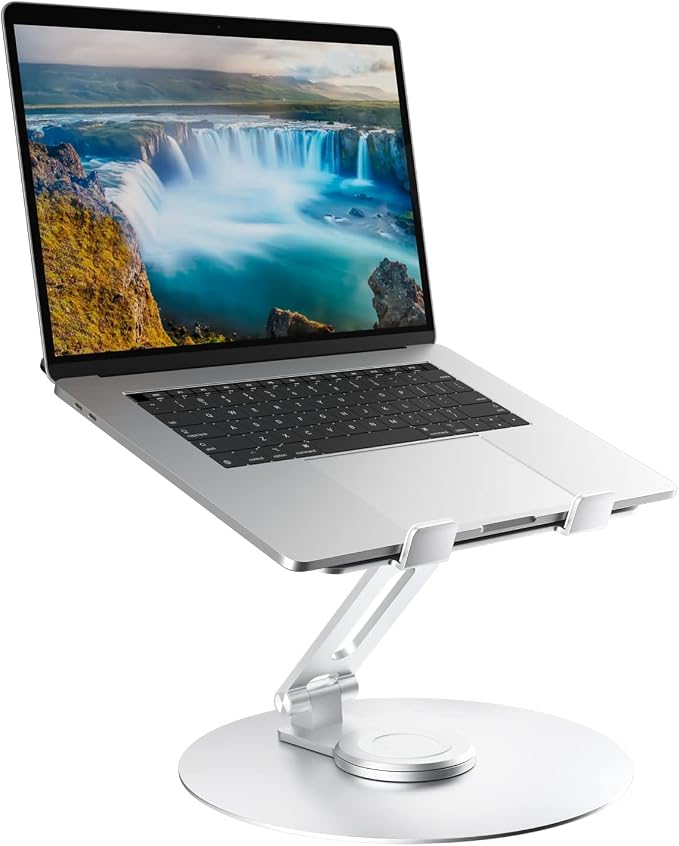 Swivel Laptop Stand for Desk, Adjustable Height Aluminum Computer Stand with 360 Rotating Base, Foldable Ergonomic Riser, Portable Laptop Holder Compatible with MacBook, All Laptops 10-17'', Chrome by Epherie