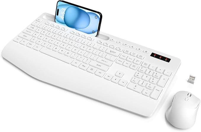 Wireless Keyboard and Mouse Combo, Full Size, Ergonomic Wrist Rest | 2.4G Lag-Free, 3-Level DPI, Phone Holder, Silent Typing, KM23D Batteries Powered Set for PC, Laptop, Windows, macOS (White) by SABLUTE