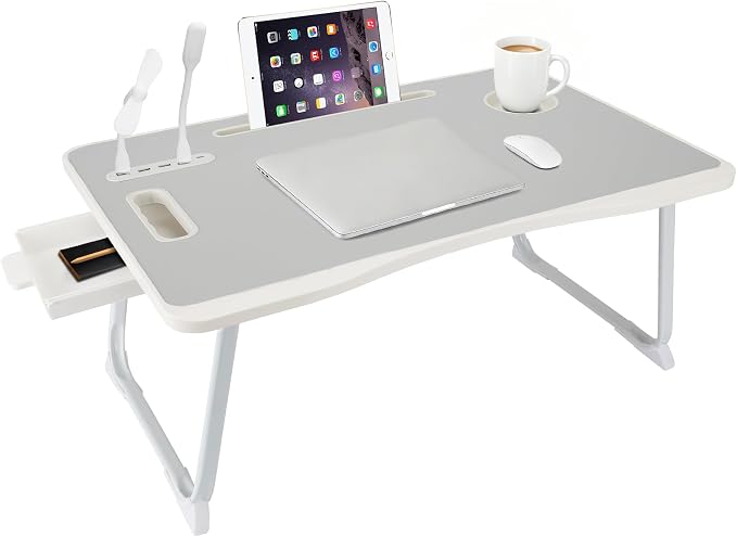Laptop Bed Table, Laptop Desk for Bed, Foldable Laptop Bed Desk with USB Charge Port, Handle, Desktop Card Slot, Cup Slot, Side Drawer, Portable Laptop Table for Bed Eating Reading Working - Image 7
