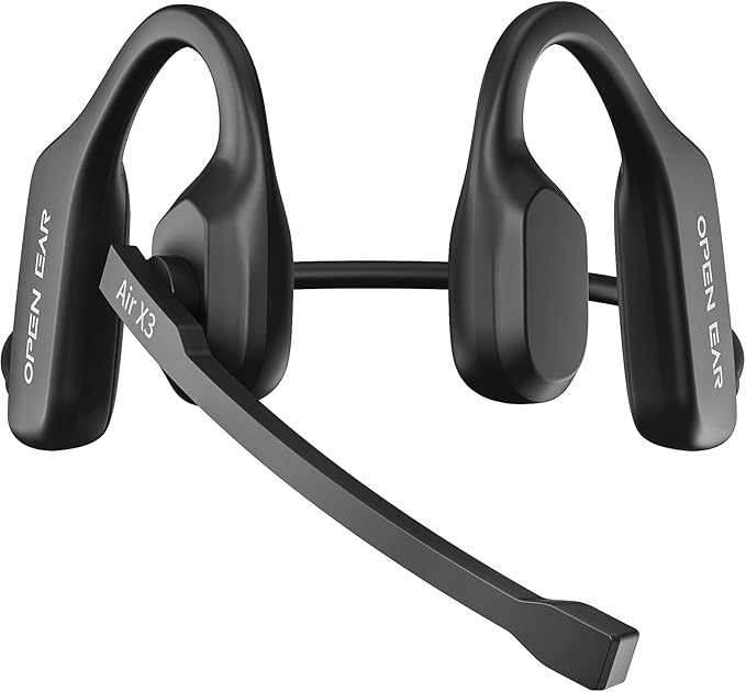 Air Conduction Open Ear Headphones with Mic, AI Noise Cancelling Bluetooth Headset, Dual Connect Wireless Headphones with Mute Button, 32g Lightweight for Work, Driving, Workout, Calls Black by Puoene