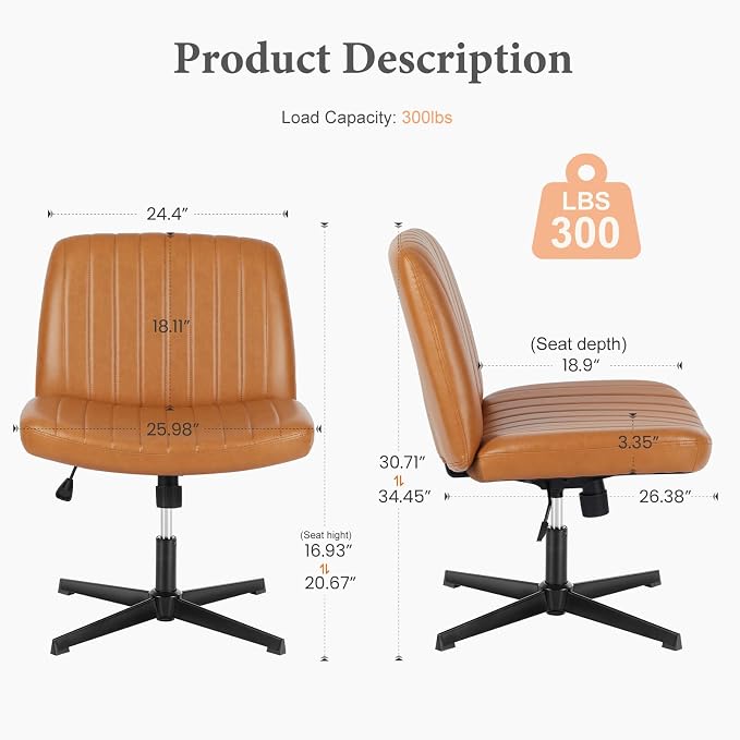 OLIXIS Criss Cross Office Chair, Vanity Chair, Home Office Desk | Wide Seat, Height Adjustable, PU Leather Padded, Armless No Wheels, Bedroom, Study Room, Brown Dual Base - Image 2