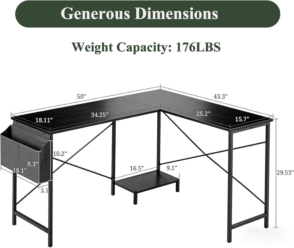 L Shaped Desk, 50 Inch Reversible Computer Desk Corner Gaming Table with CPU Stand & Storage Bag, Sturdy Metal Frame PC Workstation for Home Office, Black Wood - Image 3