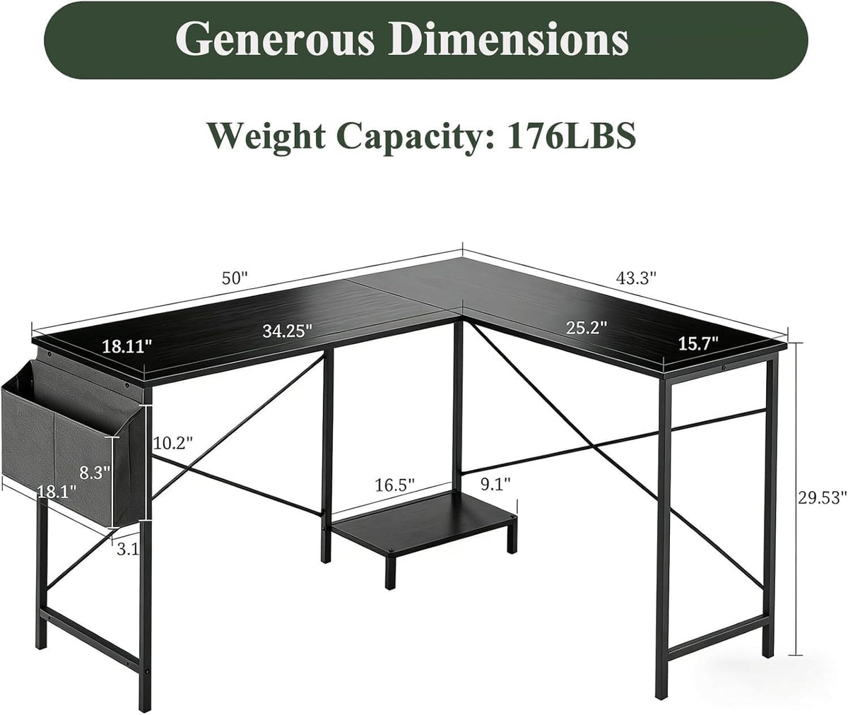 L Shaped Desk, 50 Inch Reversible Computer Desk Corner Gaming Table with CPU Stand & Storage Bag, Sturdy Metal Frame PC Workstation for Home Office, Black Wood - Image 3