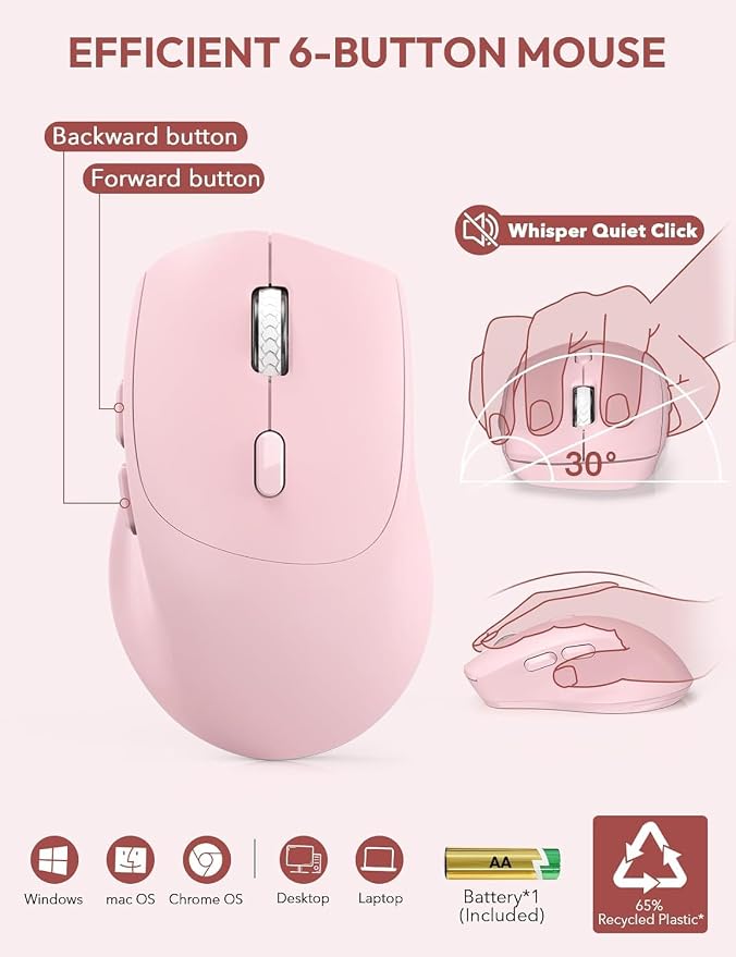Wireless Keyboard and Mouse Combo, Full Size, Ergonomic Wrist Rest | 2.4G Lag-Free, 3-Level DPI, Phone Holder, Silent Typing, KM23D Batteries Powered Set for PC, Laptop, Windows, macOS (Pink) - Image 5