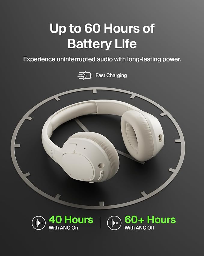 Belkin Isolate Over-Ear ANC Headphones, CloudCushion, 60H | Hybrid active noise cancelling, Bluetooth 5.4, foldable, multipoint, travel, home, office, USB-C and 3.5mm cable - Image 5