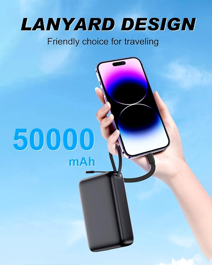 Portable Charger 50000mAh, PD22.5W Fast Charge Power Bank Built-in 2 Cables | Portable Phone Charger for iPhone/Android/Samsung Galaxy Travel Essential (Black) - Image 5