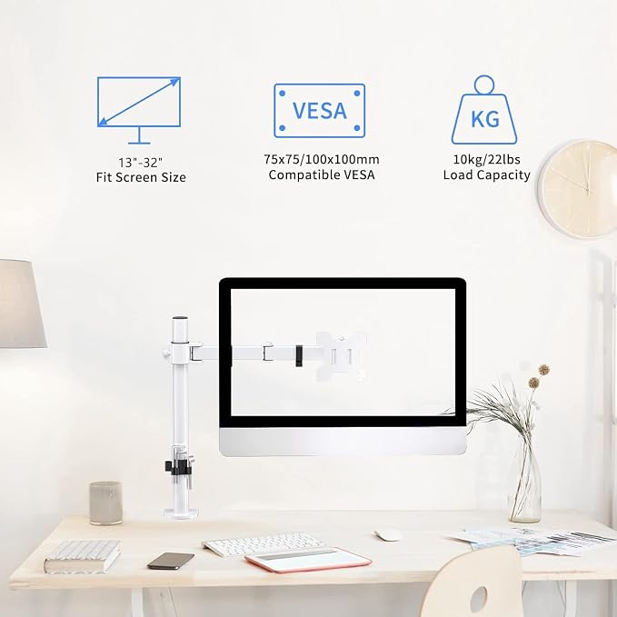 Suptek Single Monitor Arm Desk Mount Fully Adjustable Monitor Stand for 1 / One Screen up to 13" to 32" Extra Tall 15.75 inch Pole,VESA 75x75mm or 100x100mm,White (MD9421W) - Image 2