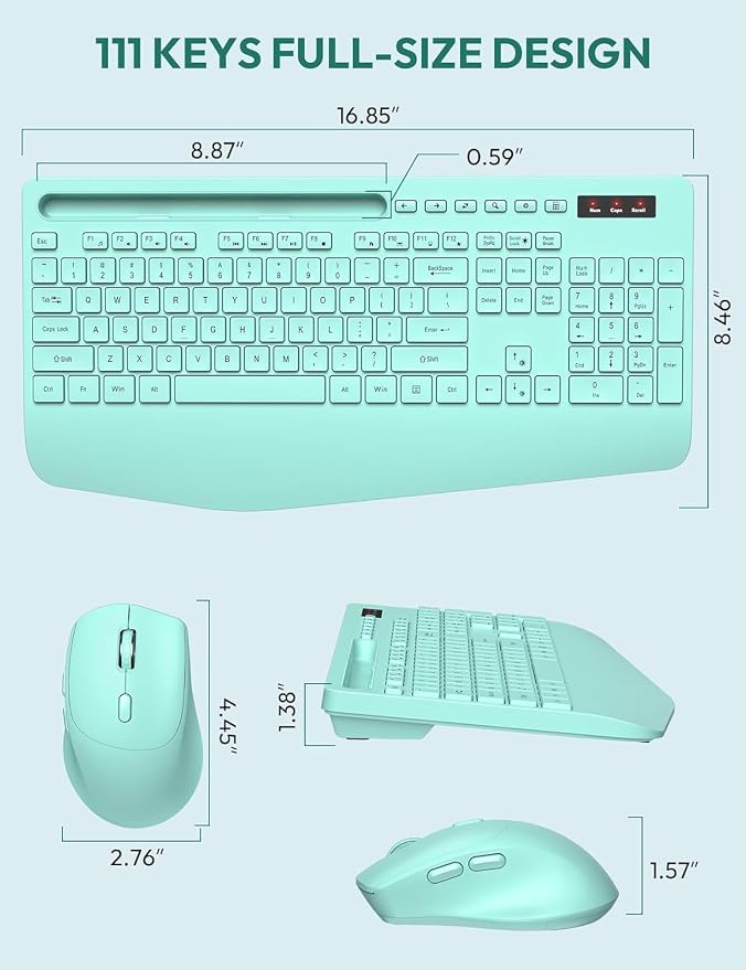Wireless Keyboard and Mouse Combo, 2.4GHz, Ergonomic Wrist Rest | Full Size, 3-Level DPI, Phone Holder, Silent Typing, KM23D Batteries Powered Set for PC, Laptop, Windows, macOS (Mint Green) - Image 9