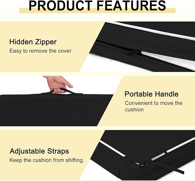 downluxe Waterproof Outdoor Chair Cushions Set of 2, 19" x 19" x 3" Patio Chair Cushion with Non-Slip Ties & Handle, Square Outdoor Cushion for Patio Furniture with Removable Cover, Black/White - Image 5