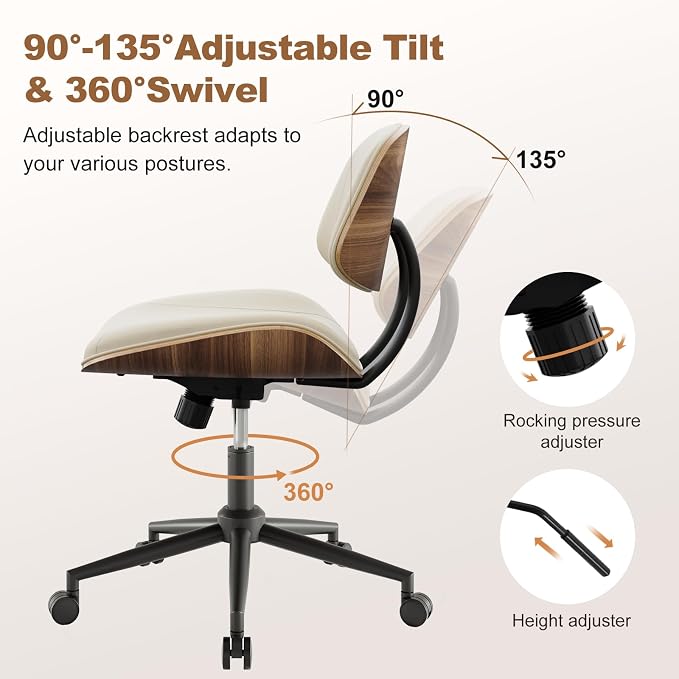 Armless Office Chair with Wheels, PU Leather Desk Chair, Beige | Adjustable Height Task Chair, 360° Swivel Ergonomic Computer Chair for Small Space, Modern Walnut Style, Home & Meeting Room - Image 3