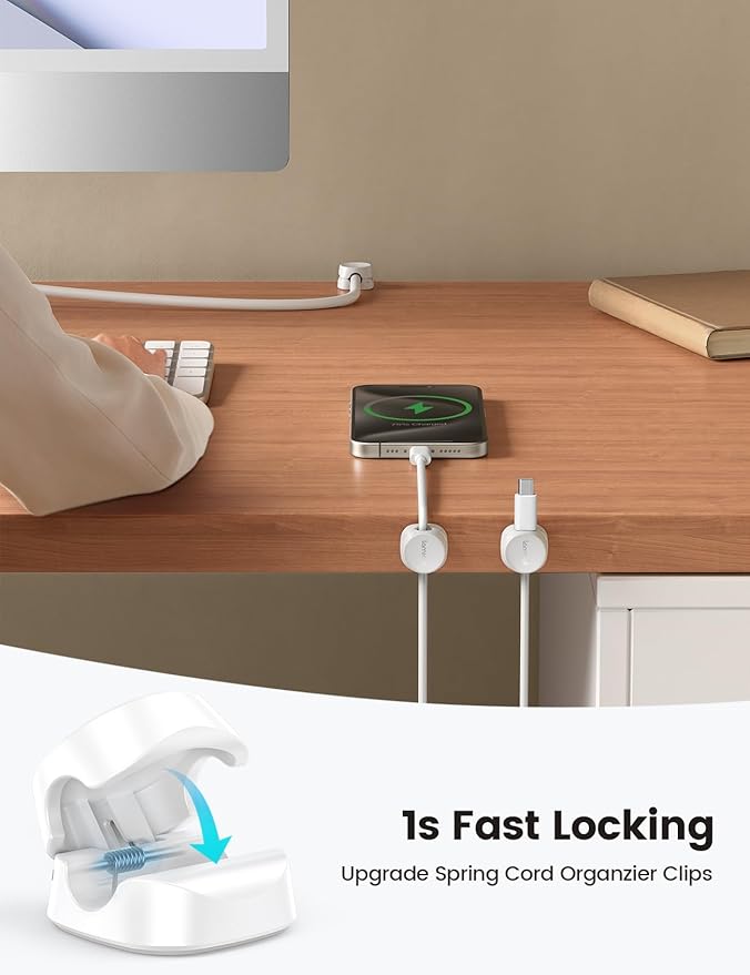 Lamicall 12 Pack Spring Cord Organizer, [1s Lock] Cable Management Clips | Office Desk Accessories, Adhesive Phone Charger Cord Holder for Nightstand, Dorm Room Home Workspace Organization Essentials - Image 2