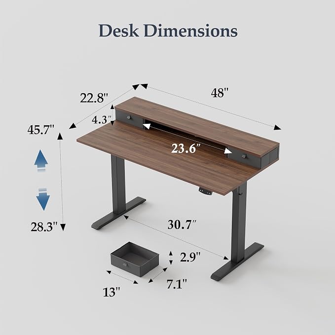 Klicelor 48 x23 Inch Electric Standing Desk with Drawers, Adjustable Height Small Sit Stand Desk for Home Office, Compact Computer Workstation with Storage– Dark Walnut - Image 3