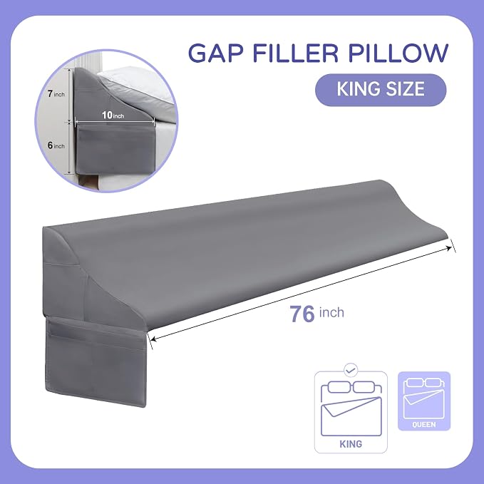 Vekkia King Size Bed Wedge Pillow for Headboard/Bed Wedge Gap Filler/Mattress Gap Filler/Wedge Pillow Headboard to Close The Gap (0-6") Between Your Headboard and Mattress, (Grey 76"x10"x7") | Wedge Pillow Headboard with Phone Pockets,to Close Bed Gap ... - Image 2