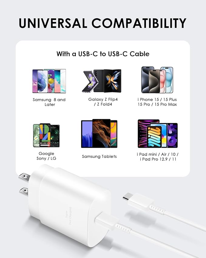 AISNI USB C Charger, 2 Pack 25W Type C Charger Fast Charging with USBC Chargers Cable 6 FT Android Phone Charge for Galaxy S25/ /S24/S23+/S22/S21/S20/Phone 17 16 15 Pro Max 16 15 Plus-White - Image 6