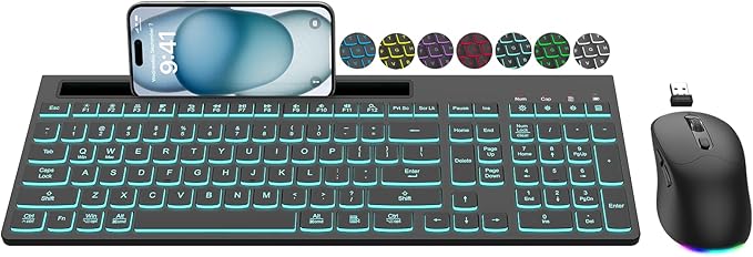 Wireless Keyboard and Mouse Combo, 7 Backlit Effects, Light Up Letters, Rechargeable, Phone Holder, 6 Button Mouse, Ergonomic Tilt Angle, 2.4GHz Silent USB Keyboard Mouse for Laptop, PC by EDJO