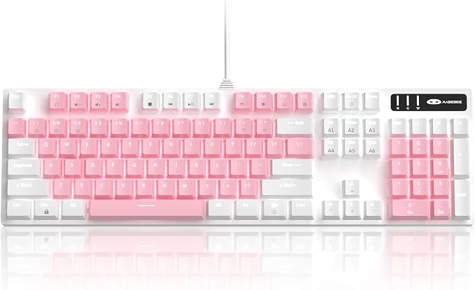 MageGee Mechanical Gaming Keyboard, New Upgraded Blue Switch 104 Keys White Backlit Keyboards, USB Wired Mechanical Computer Keyboard for Laptop, Desktop, PC Gamers(White & Pink) - Image 9