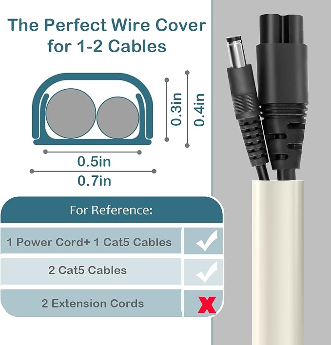 ZhiYo 43" Cord Covers for Wires on Wall, Beige Cord Hider, 0.7" W x 0.4" H | Fits 2 Cords, Premium Paintable Raceway for Wall-Mounted TV, Self-Adhesive Wire Hider for Extension Cords & Ethernet Cables - Image 2