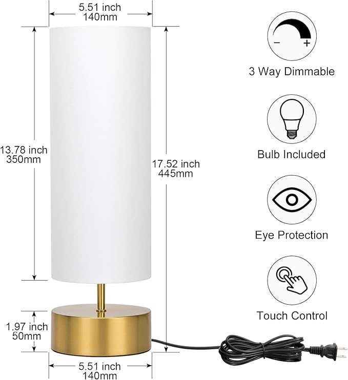 3-Way Dimmable Table Lamp, Touch Control Gold Bedside Lamp with White Shade | Modern Nightstand Touch Lamp, Simple Side Table Lamp, Night Light for Bedroom Living Room Kitchen, LED Bulb Included - Image 2