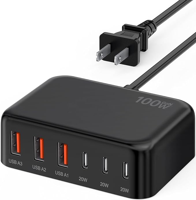 USB C Charger Block, GaN Fast USB Charging Station Hub with 100W Max 6-Port | 3 USB-C & 3 USB-A Compact Desktop Charger for Home Office, PD20W USB Power Strip for iPad iPhone 17 16 15 14 Pro Max Galaxy by BREEKET