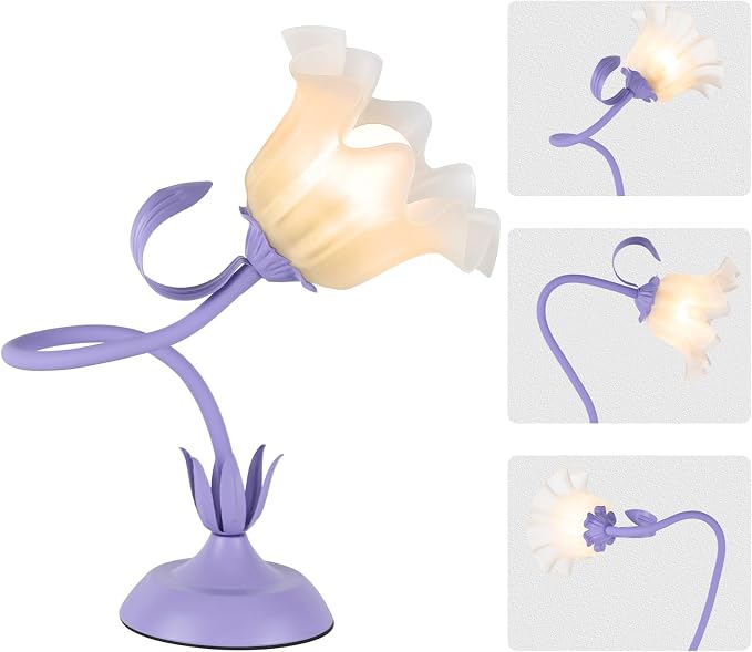 Cute Flower Desk Lamp, 3 Color Temperature Table Lamp with LED Bulb, Vintage Bedside Lamps, Reading Lamps with Soft Light for Bedroom, Living Room（Purple） by Fuzzbopn
