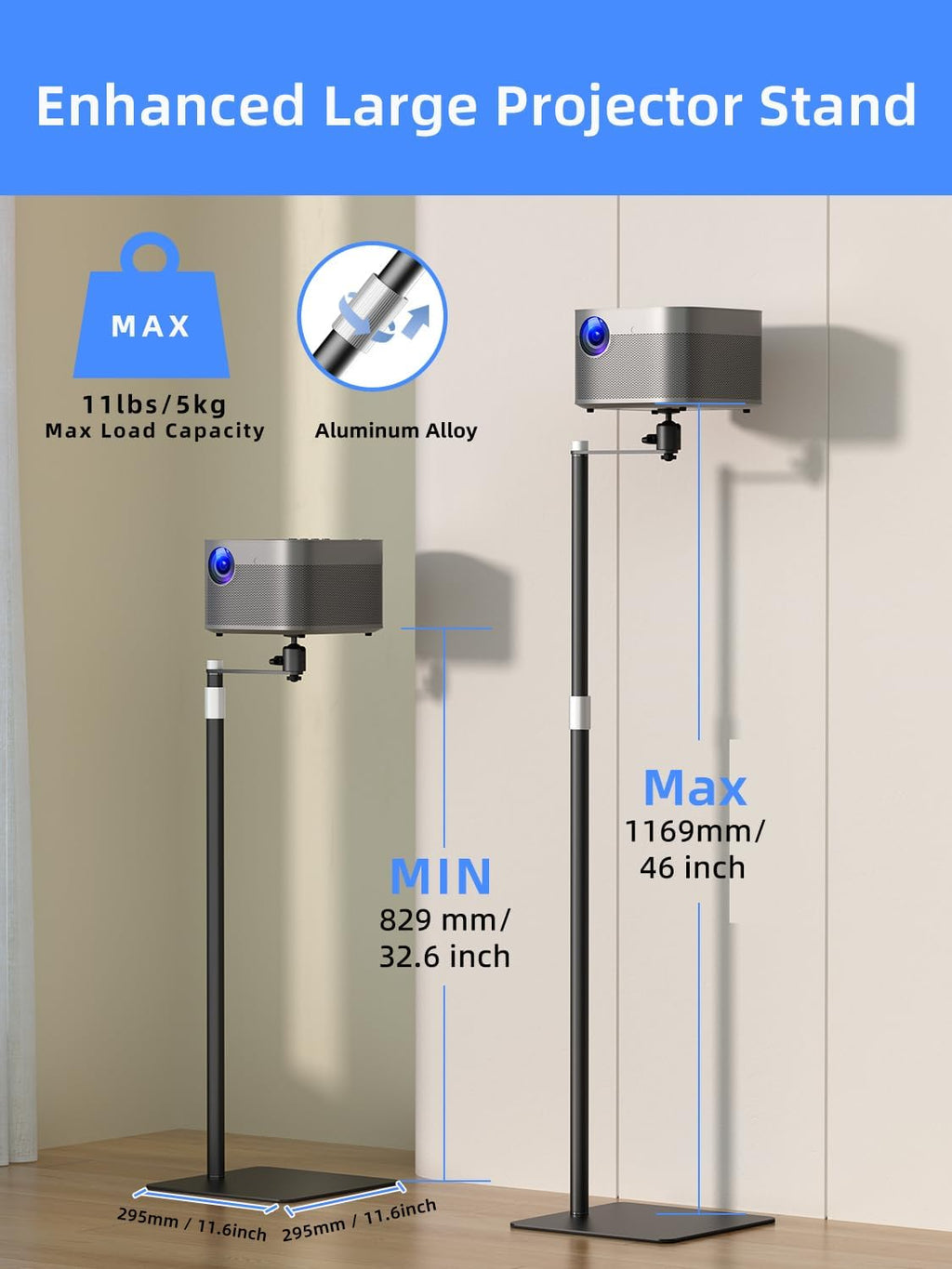 suptek Projector Stand Against Wall Hidden Stand, 360° Swivel, Height Adjustable 32.6"- 46", Holds up to 11lbs, Universal Projector Mount Bracket, Compatible with Home Video Vlog DVR Camera, PR007FP - Image 3