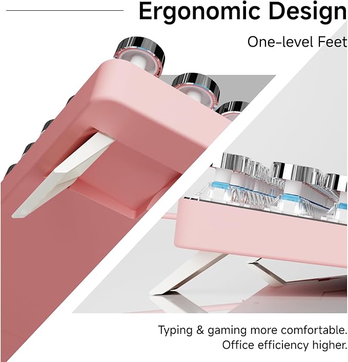 SEUNKWANG Typewriter Style Mechanical Gaming Keyboard with White Backlit, Wired Retro Punk Computer Keyboard Durable Metal Panel, Clicky Blue Switch, Round Keycaps, Full-Size for PC/Desktop/Win, Pink - Image 7