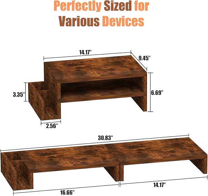 Wood Dual Monitor Stand Riser for Desk, 30" Long Monitor Riser with Pen Holders, Desktop Storage Organizer for 2 Monitors, Computer, Laptop, PC, Printer, TV, Rustic Brown (Dual) - Image 2