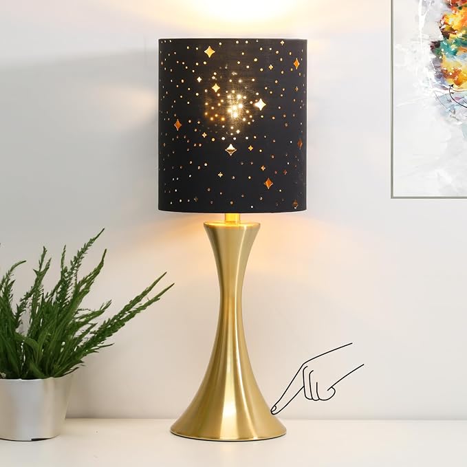 Touch Table Lamp,3 Way Dimmable Gold Bedside Lamp with Black Star Shade | Touch Control Nightstand Lamp, Decorative Ambient Bedside Light for Living Room, Bedroom, Dorm, Office, LED Bulb Included by Seasidevillage