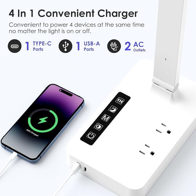 Infiway LED Desk Lamps for Home Office: Desk Lamp with USB Charging Port - 1 USB-A, 1 Type-C Ports, 2 AC Power Outlets, Touch Control Dimmable 5 Color 5 Brightness, Night Light(White) - Image 2