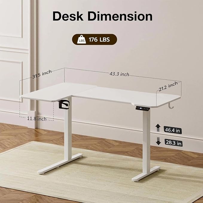 L Shaped Electric Standing Desk - 43x31.5 Inch Reversible Corner Sit Stand Desk with Hook&Cup Holder,Electric Height Adjustable Table,for Small Home Office&Bedroom Computer Desk, White - Image 3