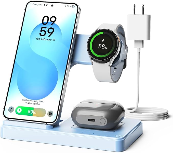 3-in-1 Charging Station for Samsung, Foldable Wireless Charger Stand | Android Phone and Watch Charger for Samsung S26/S25/S24/S23/S22/S21, Note 20/10, Z Fold 6/5, Galaxy Buds and Watch-Blue by SMILESTATION