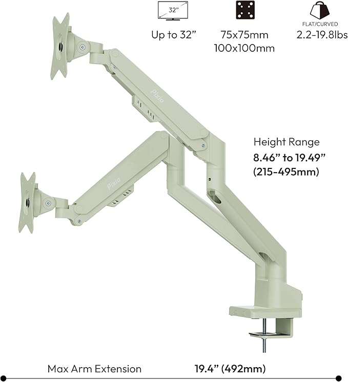 Pixio PS1D Wave Mint Green Dual Monitor Arm Stand Desk Mount - Fits up to 32 inches Monitors and up to 19.8lbs. VESA Compatibility and Integrated Cable Management - Image 4