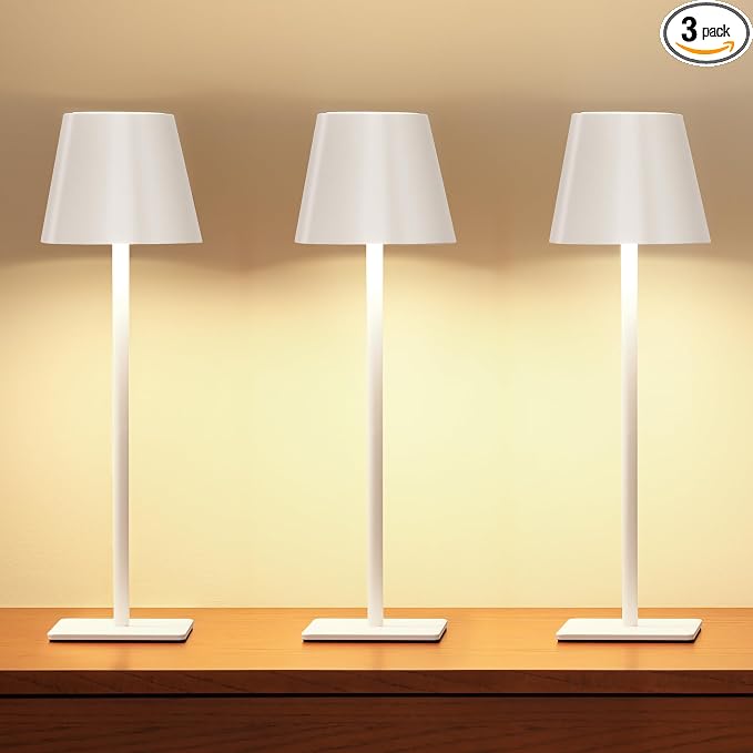 UME 3 Pack Cordless Table Lamp, Battery Operated Lamp - Portable Waterproof Rechargeable Table Lamp w/ 3 Color Temps & Stepless Dimming for Dinner, Desk, Cafe, Outdoor (White) by UME