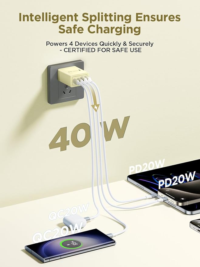 USB C Charger Block, 40W 4-Port Fast Charger 20W Type C Charging Block 3.1A USB Wall Charger Dual Port PD+QC Charging Cube for iPhone 16 15 14 13 12 Pro Max XS, iPad, Samsung Phone (Yellow) - Image 2