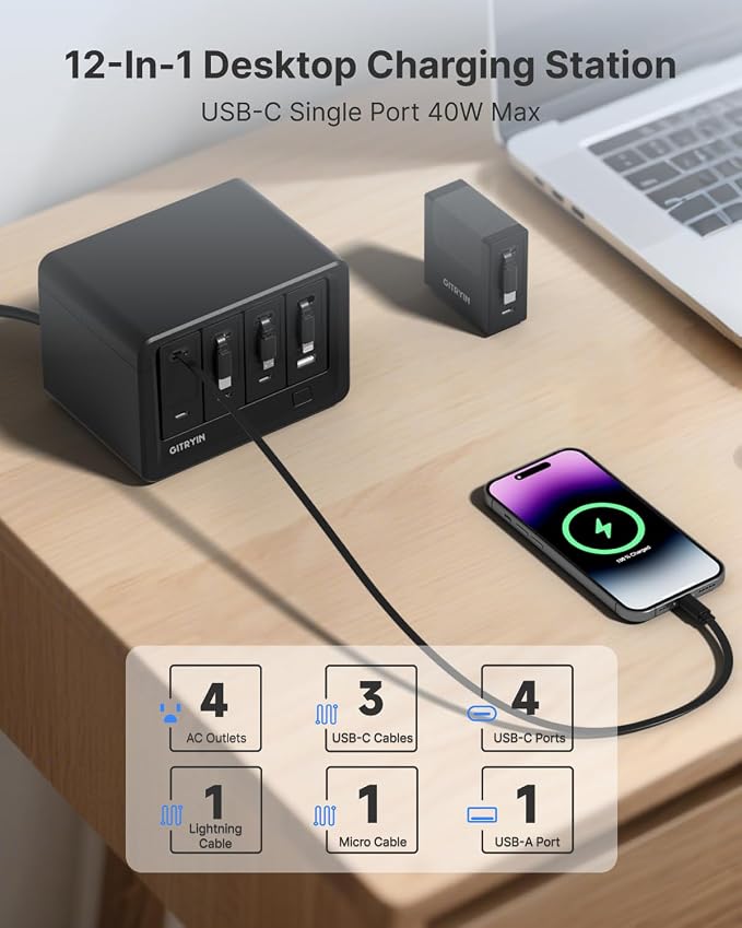 12-in-1 Desktop Charging Station with 3 Retractable Type-C Charger Blocks, 1 Micro Charger and 1 Lightning Charger, 4 USB C Ports, 160W Fast Charging Hub with 33.5in Cable for Multiple Devices - Image 5