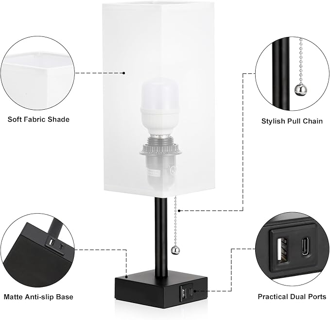 Set of 2 White Bedside Table Lamps for Bedroom - Nightstand Lamp, USB C+A | Pull Chain Lamp, 3 Color Modes(3000K/4000K/5000K), E26 LED Bulb Included, Square White Fabric Lampshade, for Read, Work, Dorm - Image 4