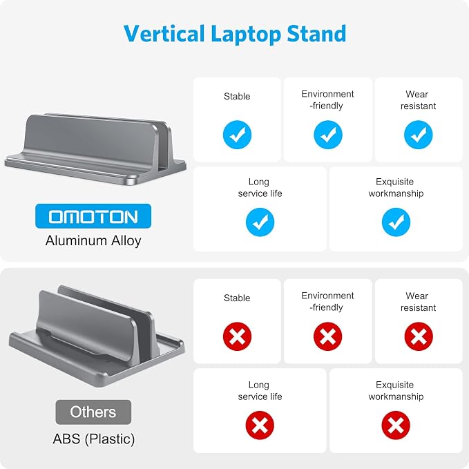 OMOTON Vertical Laptop Stand Holder, Adjustable Dock for MacBook, Gray | Aluminum Stand for MacBook Stand, Fits Chromebook & Gaming Laptops up to 17.3 in, Office Desk Organization, Space-Saving - Image 2
