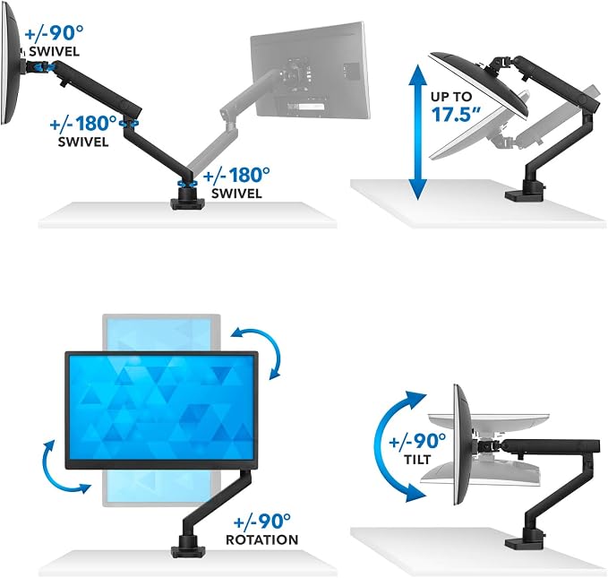Mount-It! Single Monitor Desk Mount, Top-Mount Arm, 17-32" Screens | Full Motion Tilt Swivel Rotate, Holds up to 17.6 lbs, VESA 75x75/100x100, C-Clamp & Grommet Base, Height Adjustable - Image 4