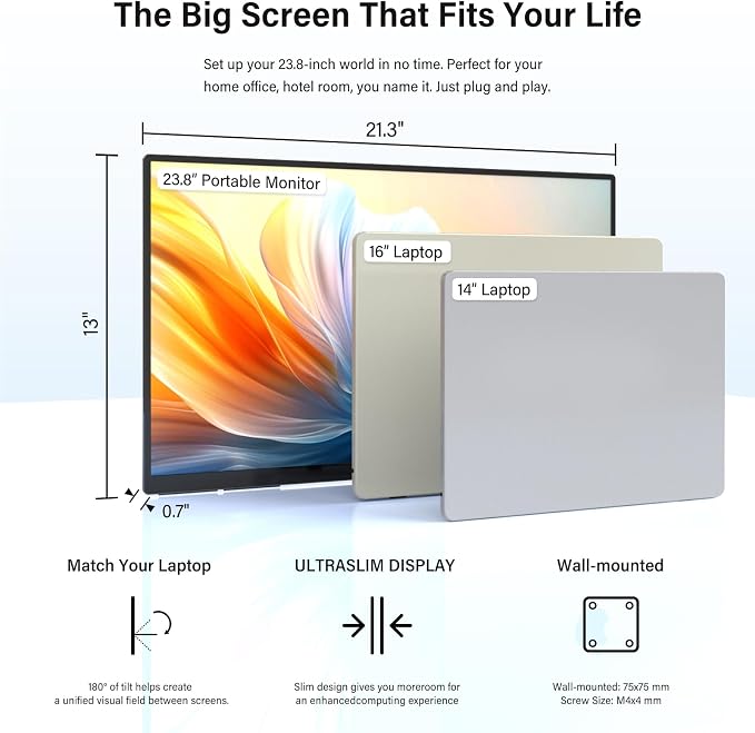 InnoView Large Portable Monitor 23.8inch FHD 1080P 144Hz USB-C, HDMI Computer Display HDR 100% sRGB IPS Gaming Monitor W/180°Adjustable DC Eyes Care Stand for Laptop PC MAC Phone PS4 Xbox Switch - Image 4
