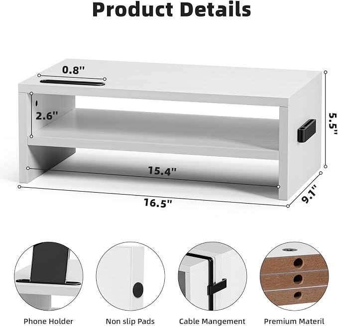 Marbrasse Wood Monitor Stand Riser,Desk Computer Printer Shelf Stand，White | 2 Tier Laptop Computer Screen Storage, Desktop Stand with Phone Holder and Cable Management - Image 3