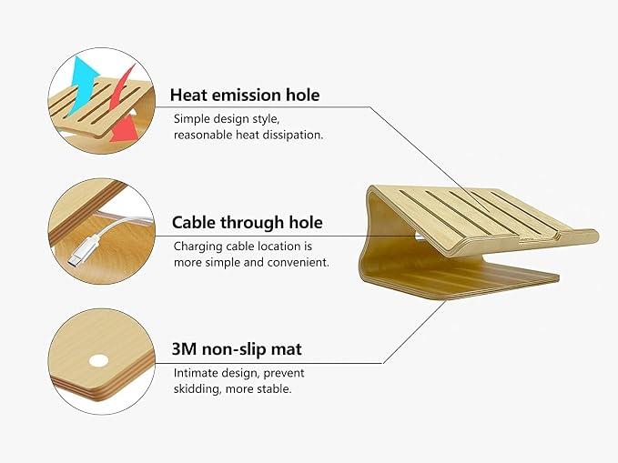 Wood Laptop Stand, White Birch, Ergonomic Design for Most Laptops Heat Dissipation, Cord Management, Suitable for Desk or Tabletop (2020-02) - Image 3
