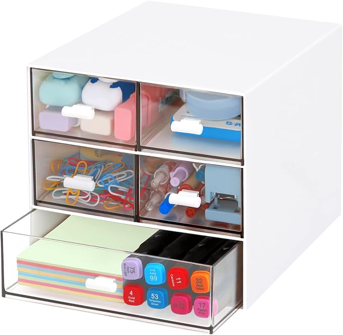Desk Organizer with 5 Drawers, Rectangular Office Stationery Supplies Desktop Drawers, Plastic Makeup Storage, Suitable for Office, School, Home (White & 5 Drawers) by LETURE