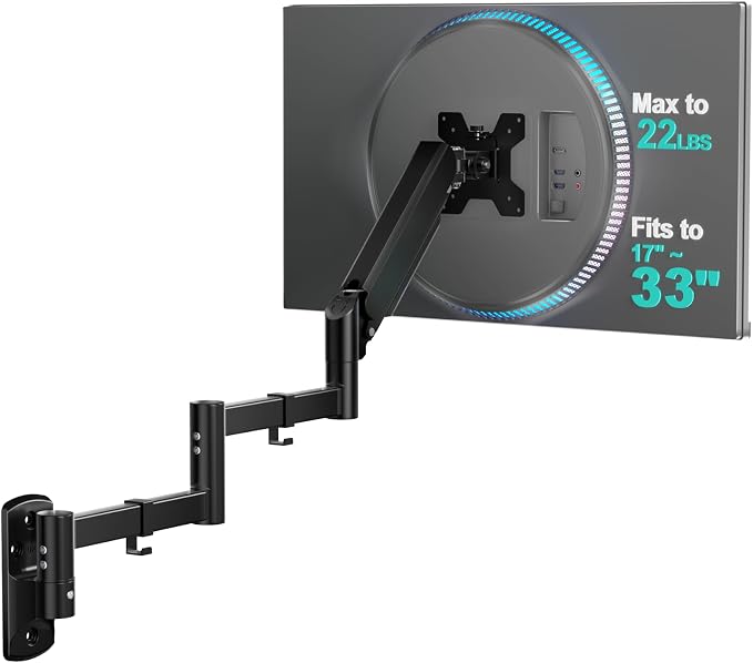 WALI Long Arm Monitor Wall Mount for 17-33 inch Screens, Extra Long Reach Single Wall Mount Monitor Arm, Full Motion Adjustable Vesa Wall Bracket 75x75/100x100mm, up to 22lbs (GSWM001L), Black by WALI