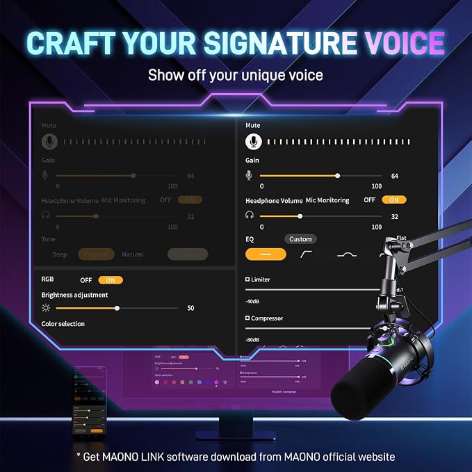 MAONO PD200X XLR/USB Dynamic Microphone, RGB Gaming Mic with Software | PC Mic with Mute, Gain Knob, Volume Control and Headphone Jack for Gaming, Streaming, Podcasting, Recording - Image 3